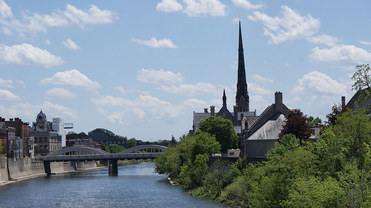 19th century church on the Grand River in Cambridge, Ontario, Canada