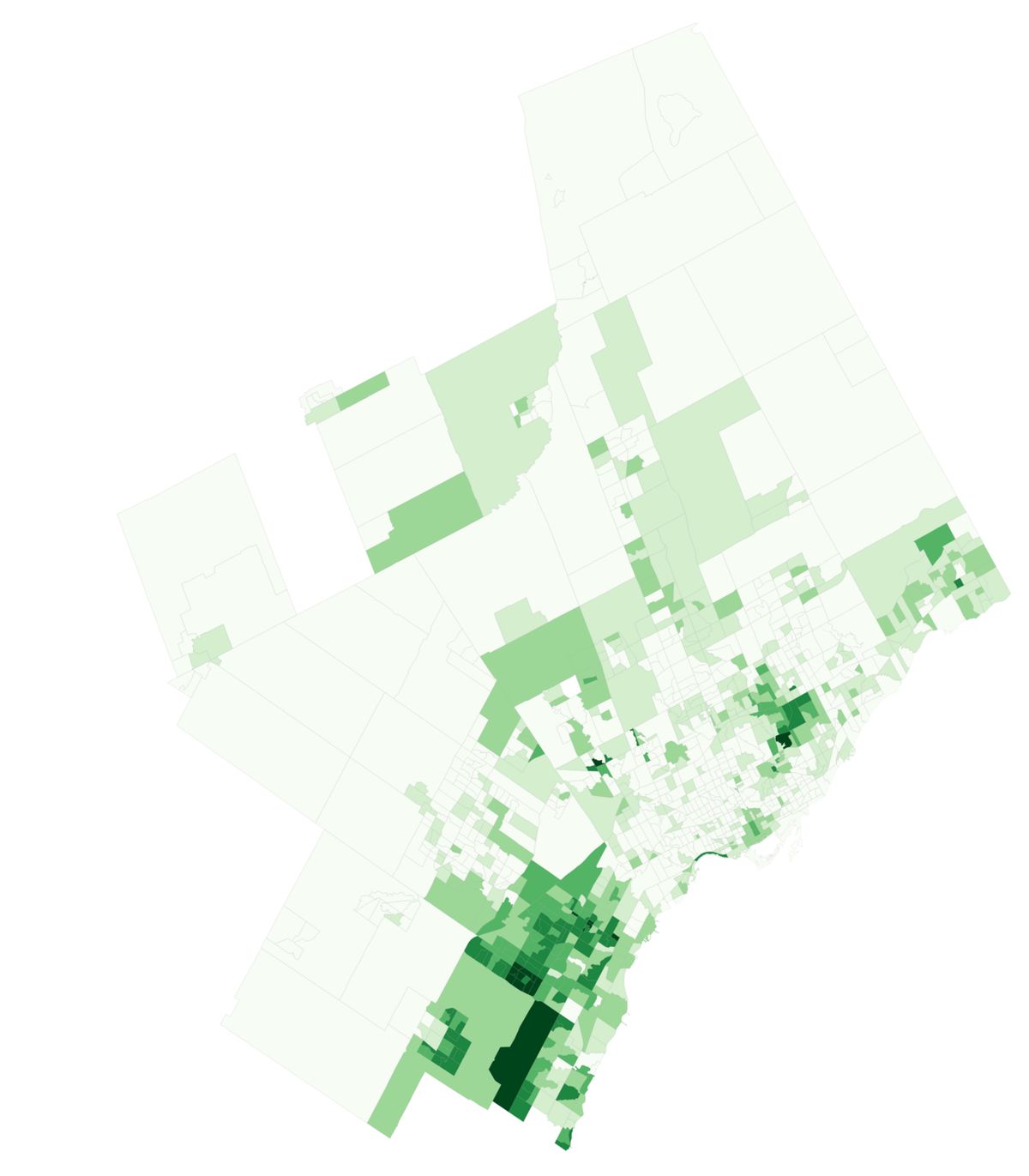 Census tracts in the Toronto CMA shaded by the percent that was Arab in 2021. 0.0%-0.99% 1%-1.99% 2%-3.99% 4%-5.99% 6%-11.99% 12% and greate