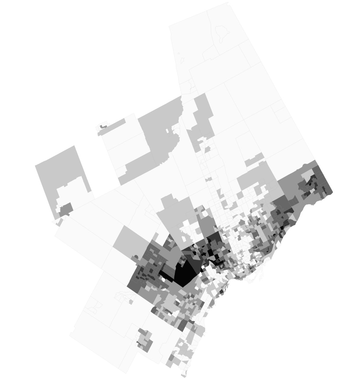 Census tracts in the Toronto CMA shaded by the percentage that was Black in 2021. 0.0%-2.99% 3%-5.99% 6%-9.99% 10%-19.99% 20%-29.99% 30% and