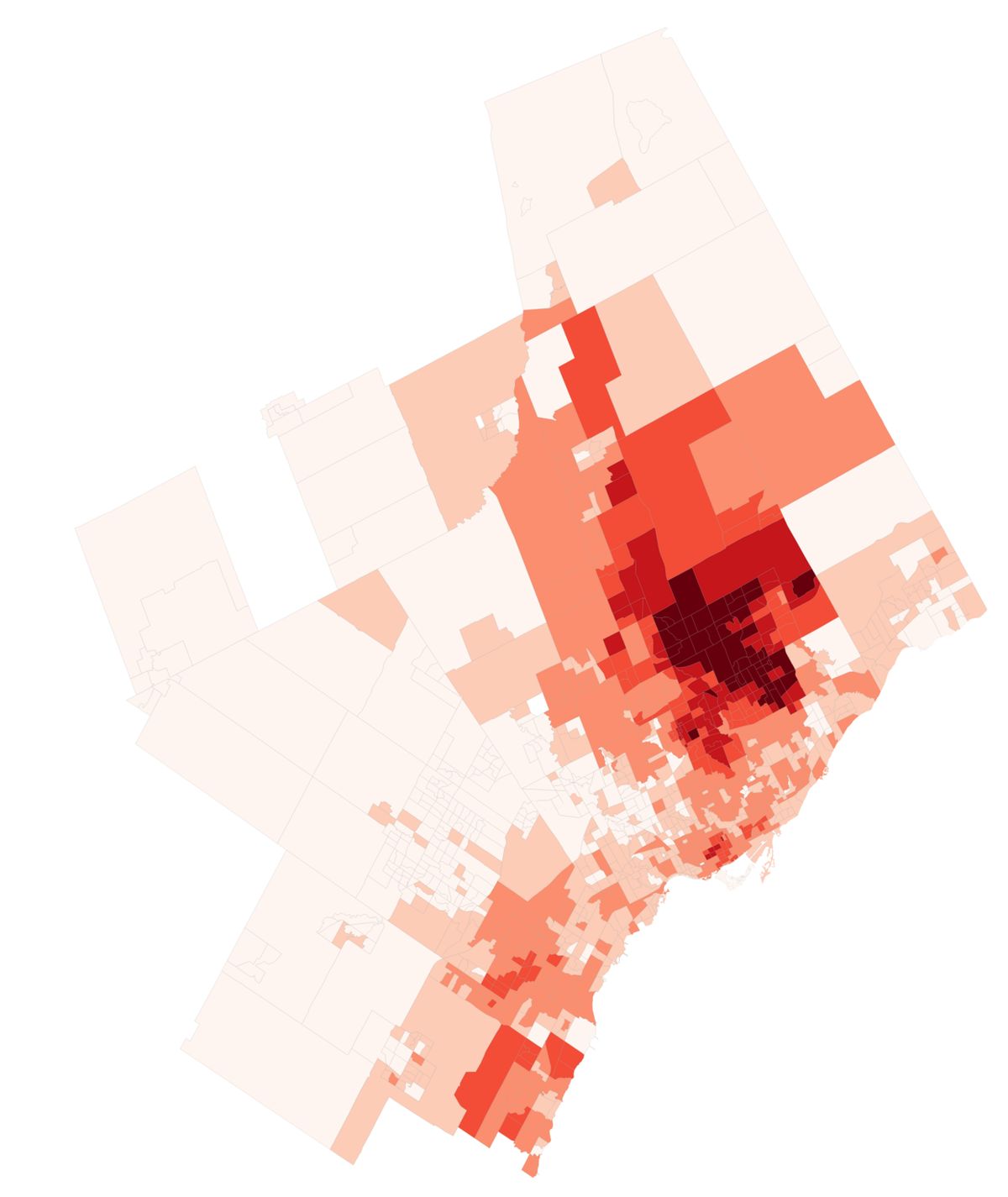 Census Tracts in the Toronto CMA shaded by the percentage that was Chinese in 2021. 0.0%-1.99% 2%-4.99% 5%-14.99% 15%-29.99% 30%-49.99% 50%