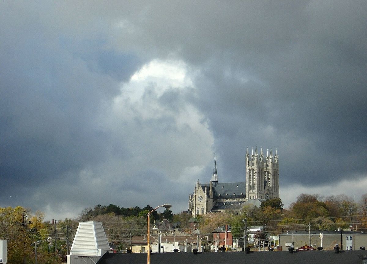 Church of Our Lady, Guelph, Ontario, from rivers confluence, Guelph, Ontario