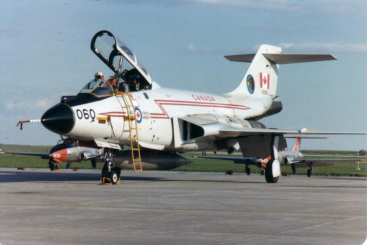 A McDonnell CF-101B Voodoo (s/n 101060) from 409 "Nighthawk" Squadron, CFB Comox, on the ramp at Canadian Forces Base Moose Jaw in the sprin