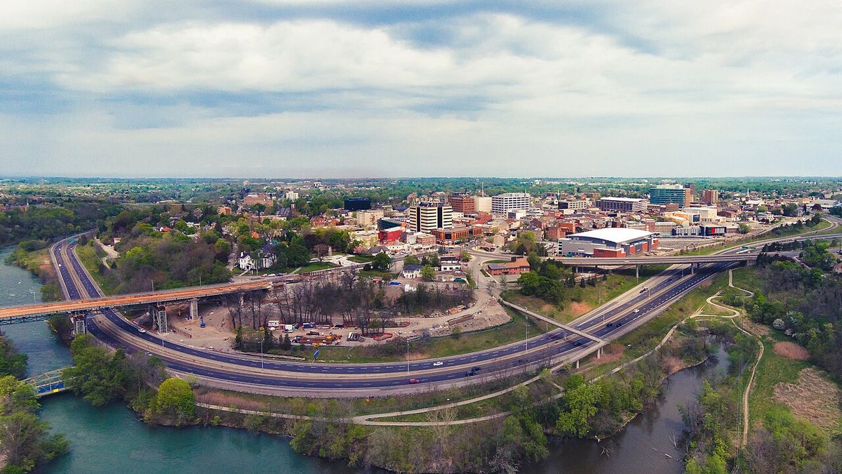 Aerial view of downtown St. Catharines, showing Twelve Mile Creek in the foreground. Burgoyne Bridge on the left was being reconstructed at 