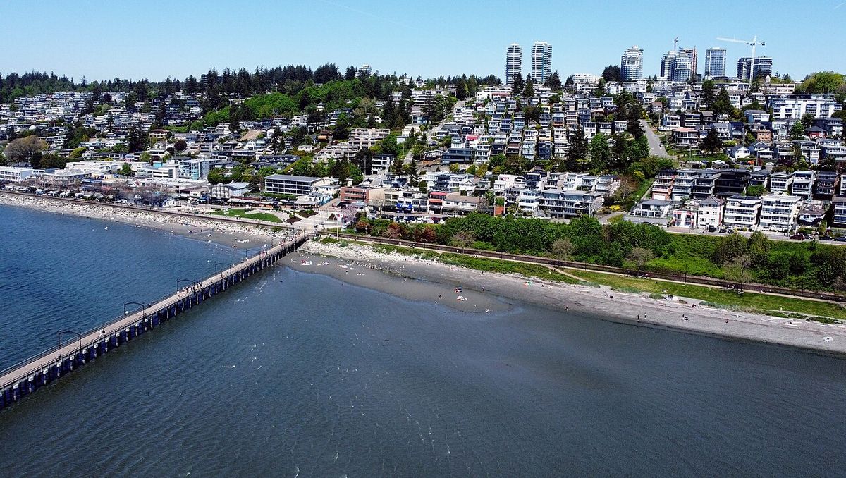 Aerial view looking north at White Rock, British Columbia, Canada. Photo taken in May 2023.