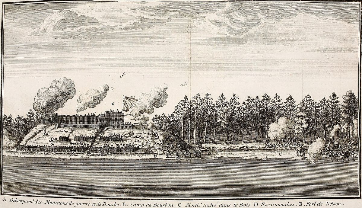 Attack of Fort Nelson/York Factory (Fort Bourbon) in 1697 by D'Iberville's troops. Fort taken by D'Iberville on September 13, 1697. Drawing