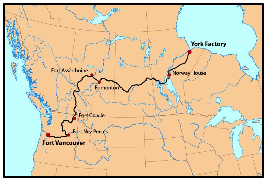 Map of the route of the York Factory Express. I, Pfly, created it. Books referenced for route information: Mackie, Richard Somerset (1997).