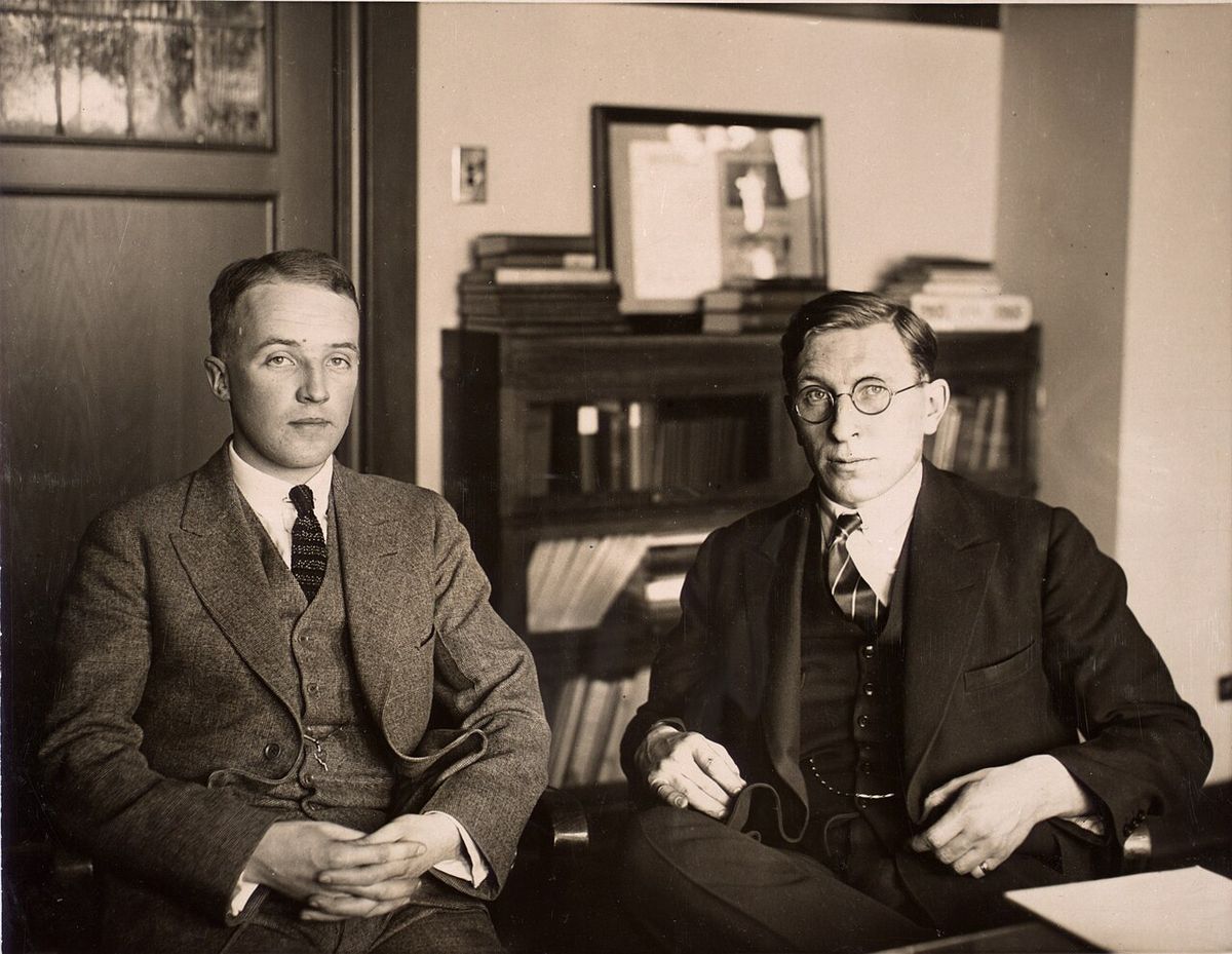 Photograph of C. H. Best and F. G. Banting ca. 1924, 20 x 15 cm. (MS. COLL 76 (Banting) Scrapbook 1, Box 3, Page 171) University of Toronto