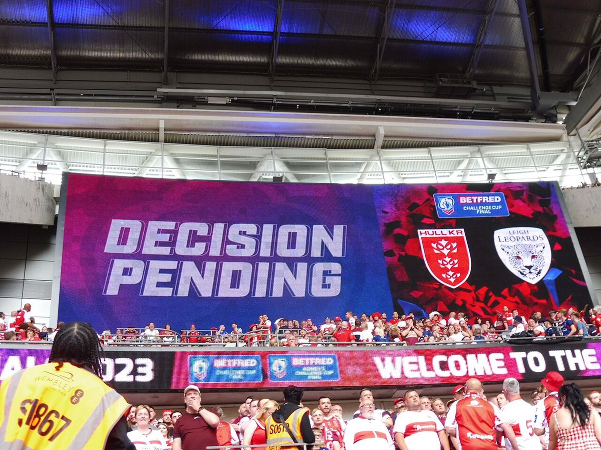 The 'Decision Pending' screen of the 2023 Challenge Cup Final 'Video Referee' setup.