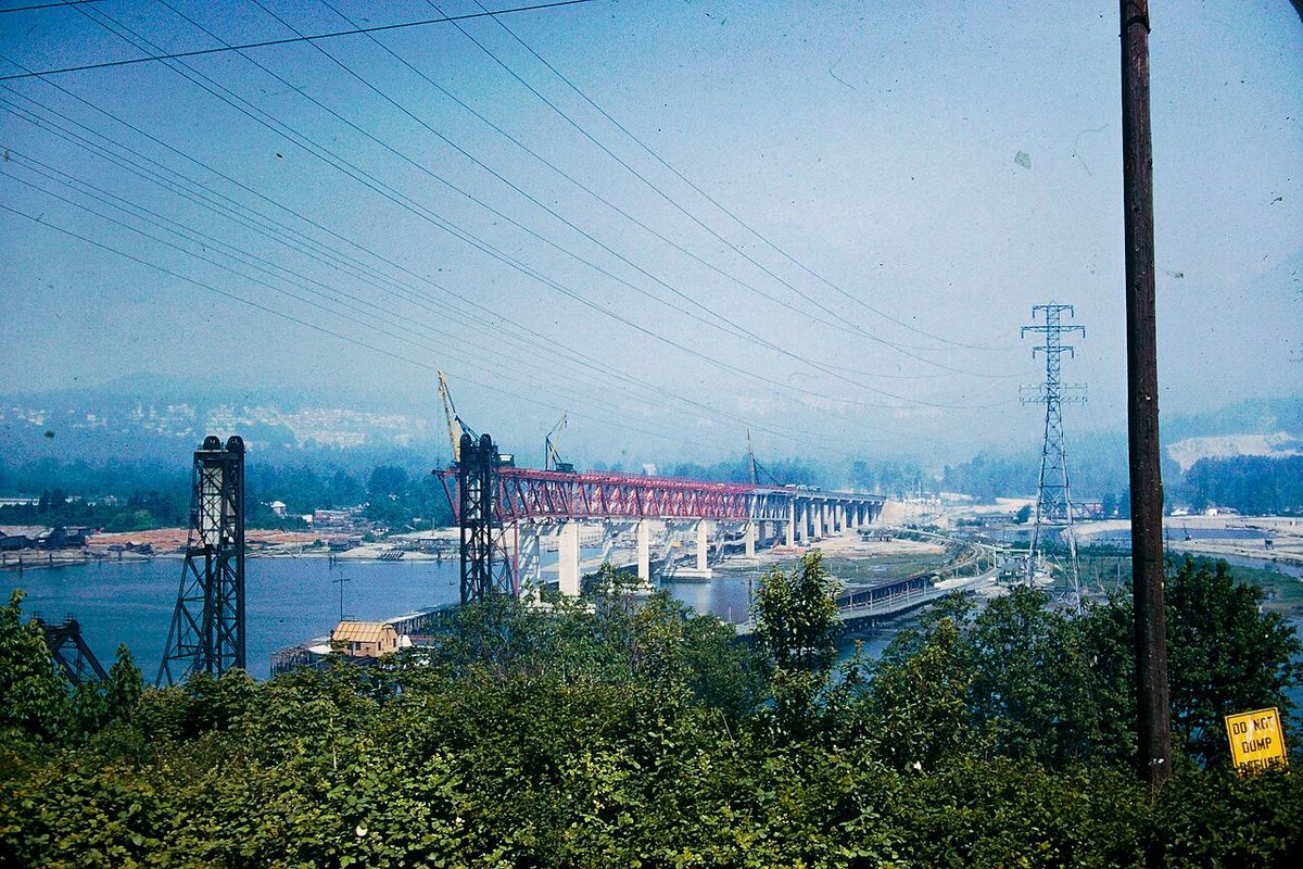 Second Narrows Bridge (as it was then) during construction, prior to collapse.