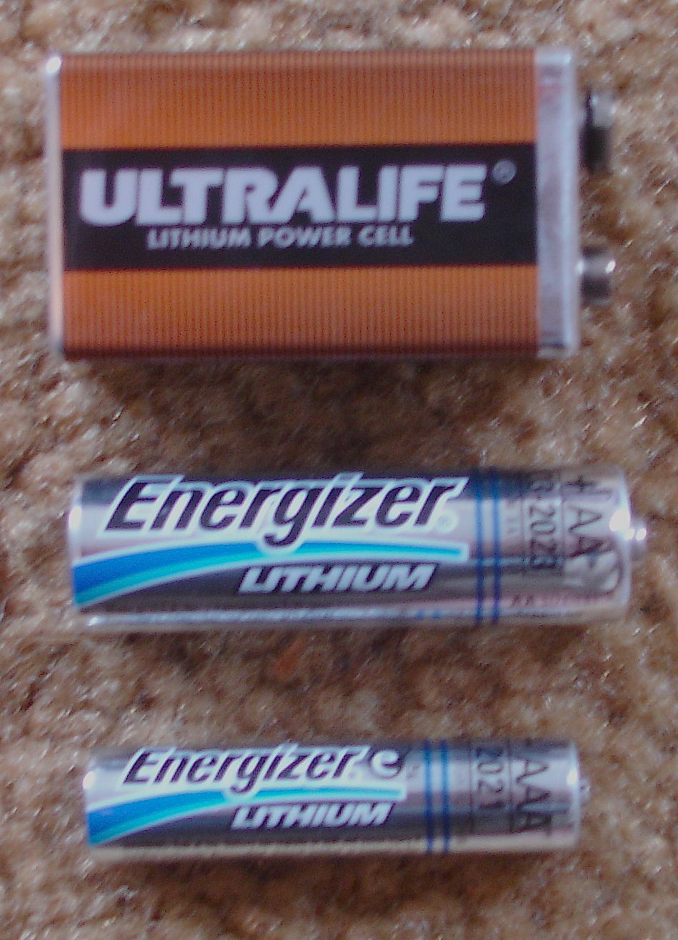 Lithium batteries in PP3 "9 volt", AA, and AAA sizes.