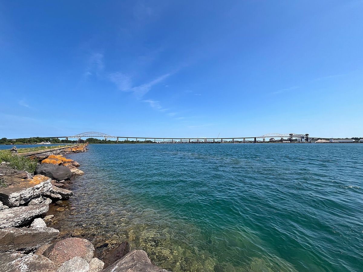 The Sault Ste. Marie International Bridges in Sault Ste. Marie, Michigan and Ontario, viewed from the West Pier in 2025