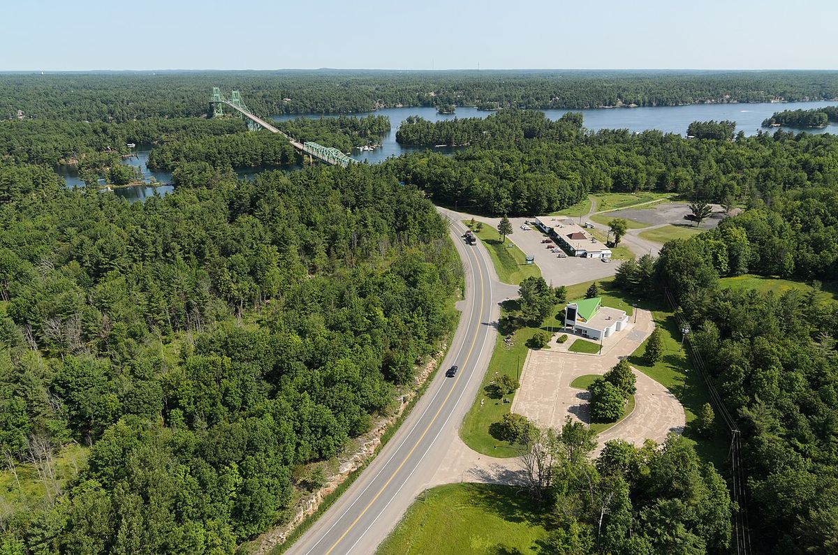 The Thousand Islands Bridge and surroundings, viewed from the 1000 Islands Tower, Hill Island, Ontario.