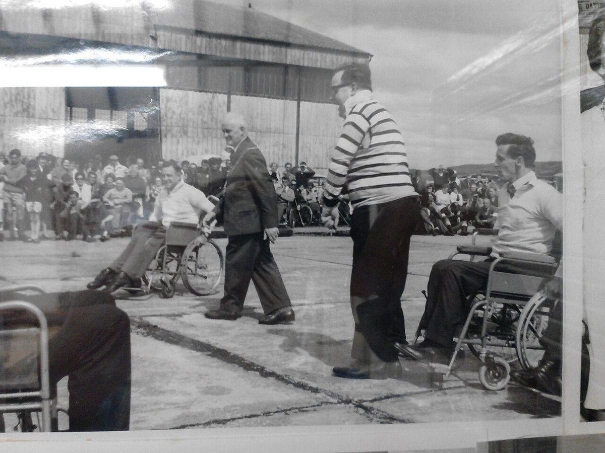 Early Wheelchair Rugby game at Pembrey Airfield near Llanelli, Wales. c1960's