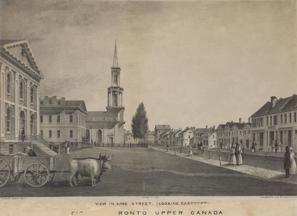 View of King Street, Toronto's main thoroughfare during much of the nineteenth century, looking east from Toronto Street. This stretch of Ki
