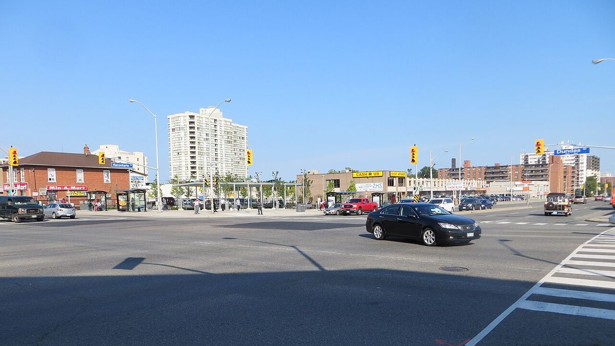 The corners of the neighbourhood, and former rural community of Cooksville, Mississauga, Ontario, at Dundas and Hurontario Streets, looking