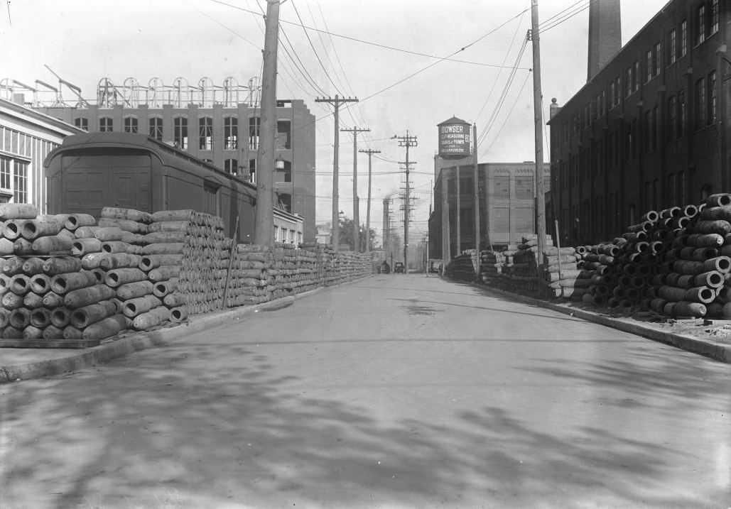 Bombs stored on Liberty Street, looking east from Dufferin Street. Toronto, Ontario, Canada.