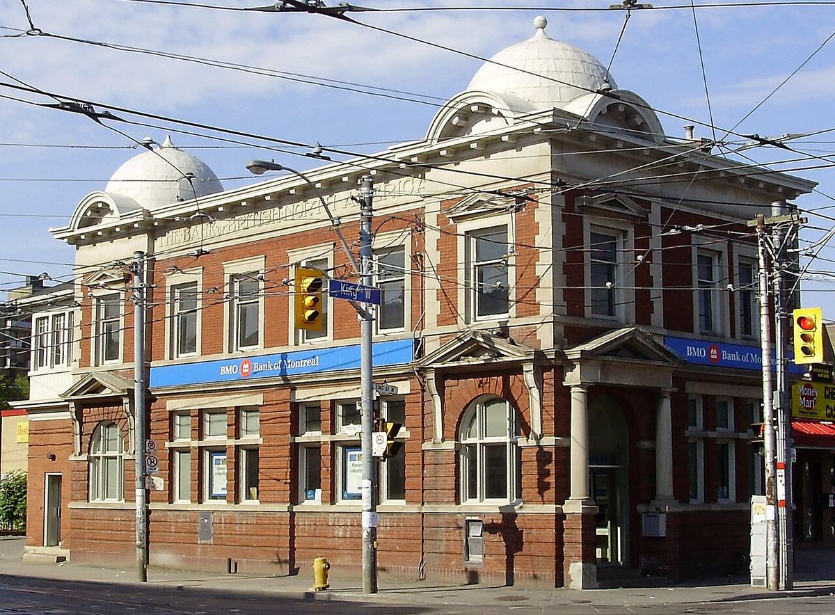 A former branch office of the Bank of British North America, dating prior to 1918, at the corner of King Street and Dufferin Street in Toron