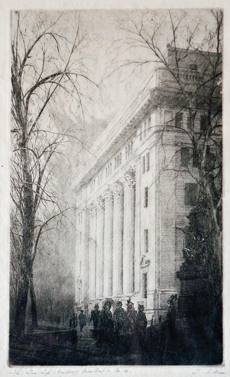 Etching of the Sun Life Building (Montreal) by Samuel Herbert Maw, 1917 or 1924