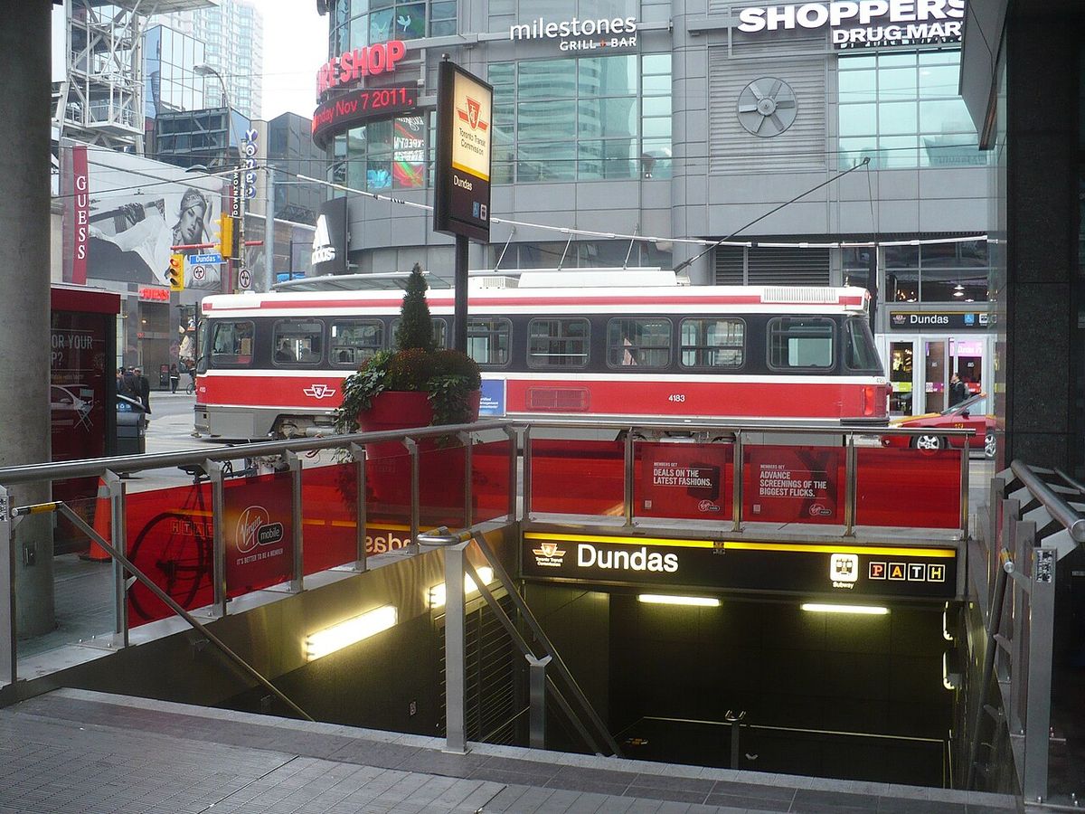 Dundas subway station entrance from Dundas Square in Toronto