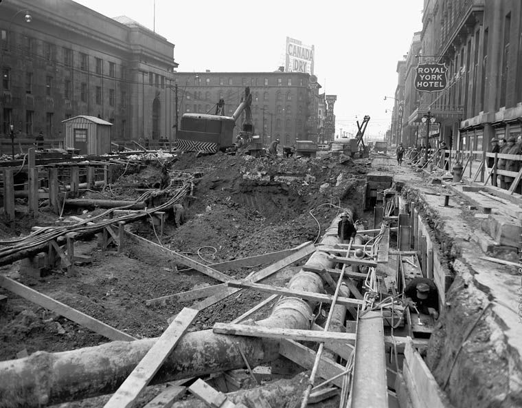 Front Street in Toronto being excavated in 1950 for the construction of a new subway line