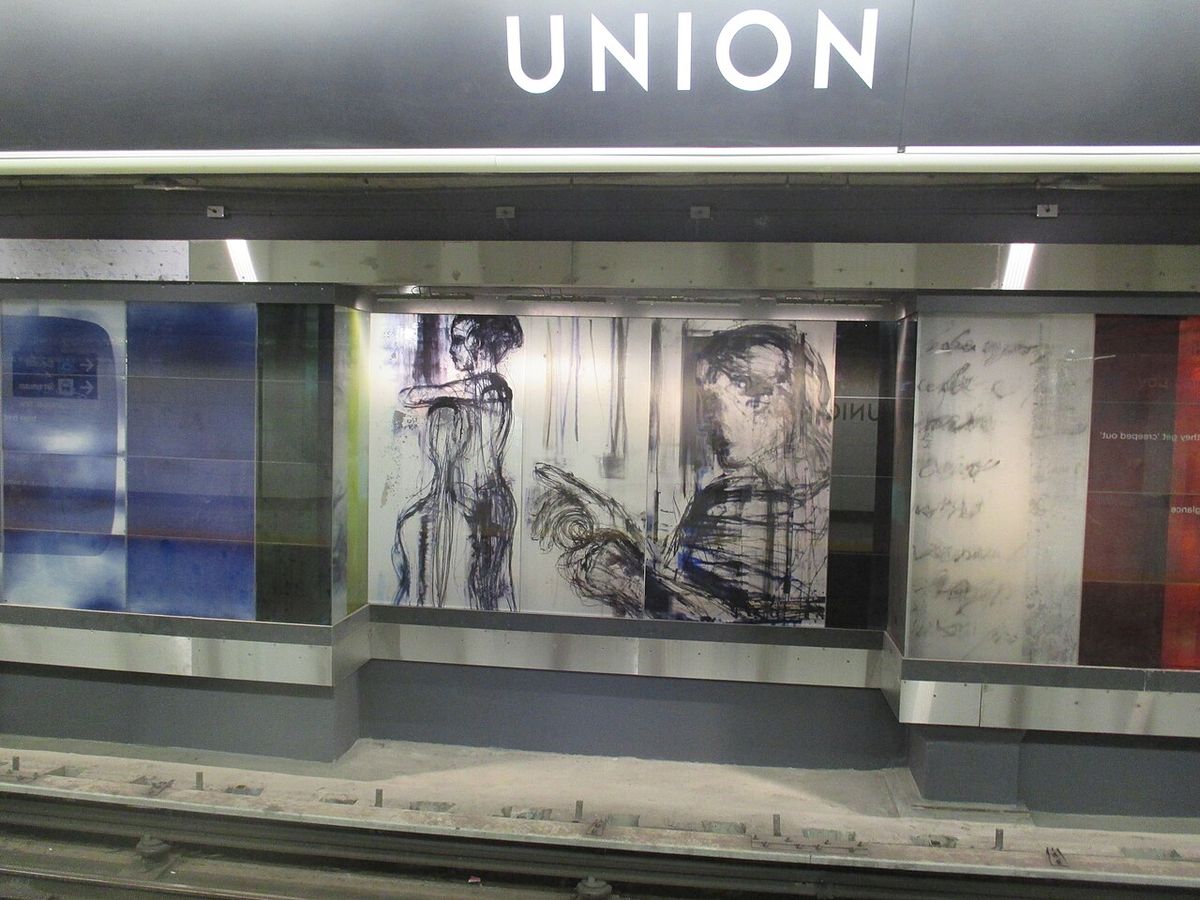 Part of a 150-metre artwork by Stuart Reid called Zones of Immersion installed at Union Station opposite the Yonge platform.