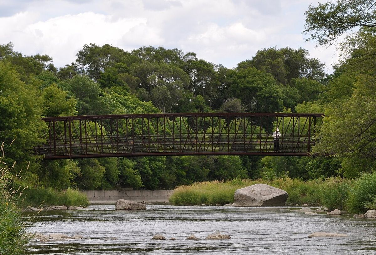 Footbridge over Humber River, Toronto, south of Lawrence Ave., as seen from the north. Left side of photo is east bank (Lions Park), right s