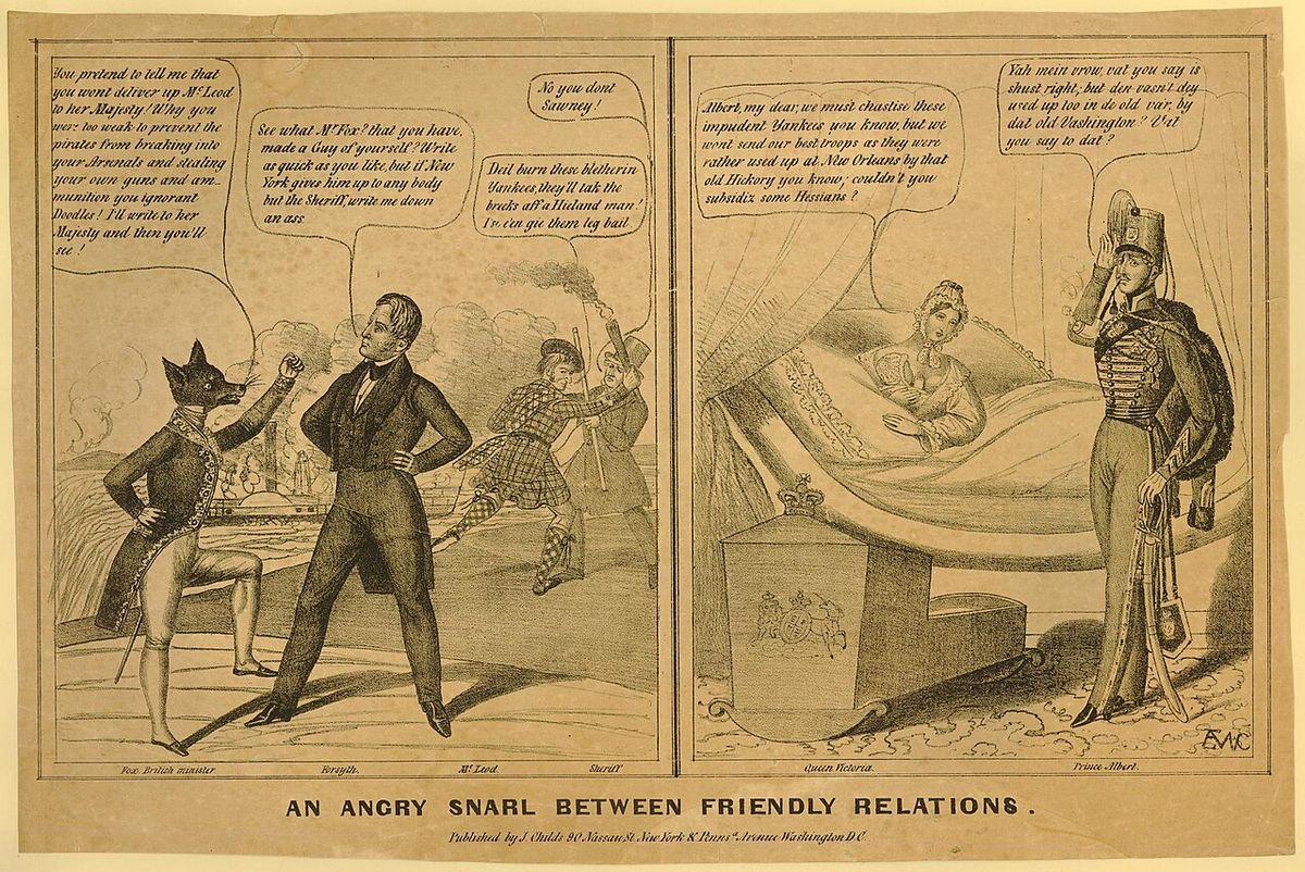 Satirical print on the politics around the Caroline Affair; British Minister H. Fox, depicted as a fox, chastising American Secretary of Sta