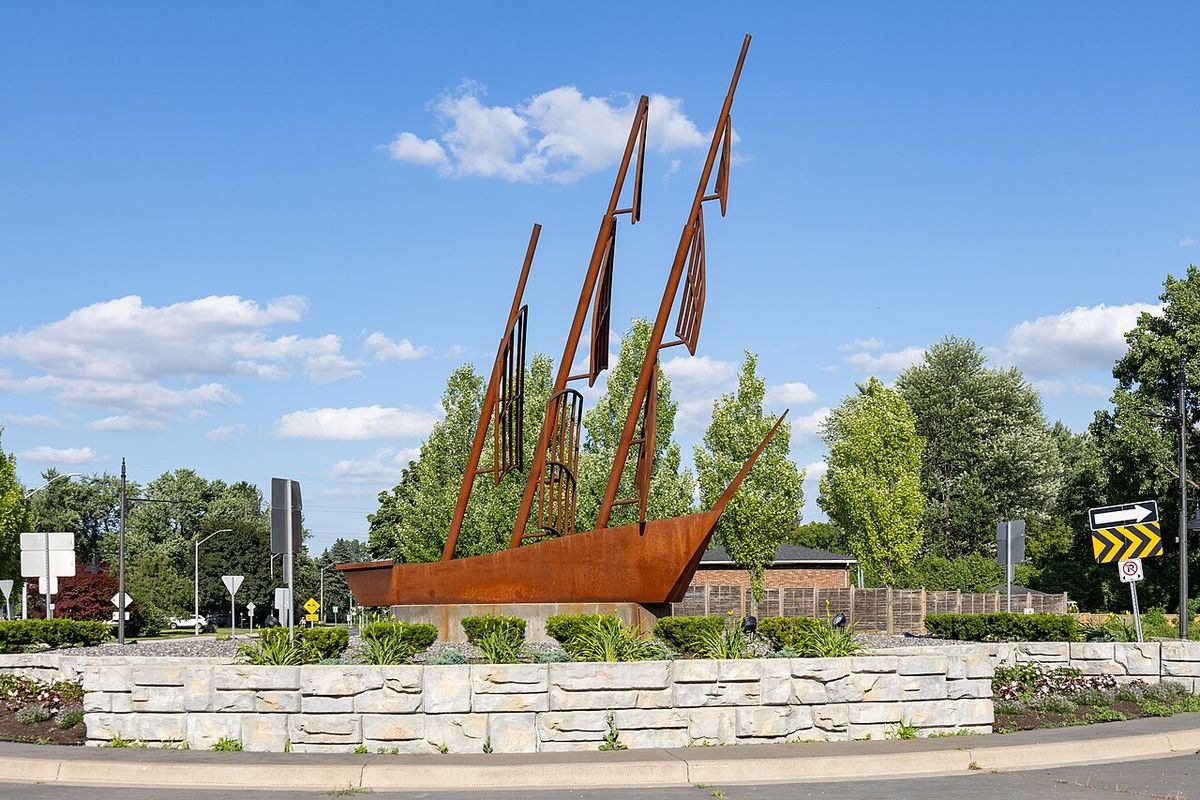 Sculpture of Le Griffon at the Malden Road roundabout, LaSalle, Ontario, 2025-06-28