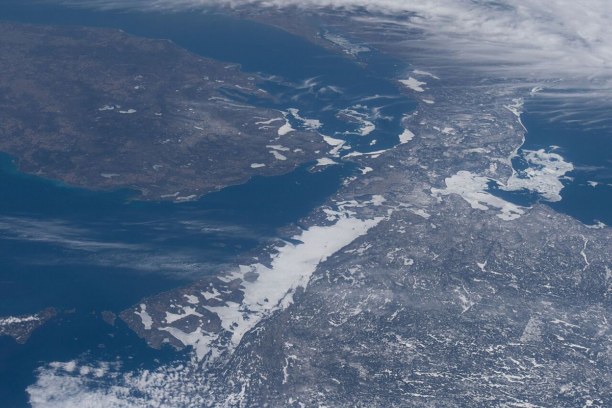 Ice in the North Channel of Lake Huron, taken April 10, 2022 during Expedition 67 of the International Space Station; For a false-color imag