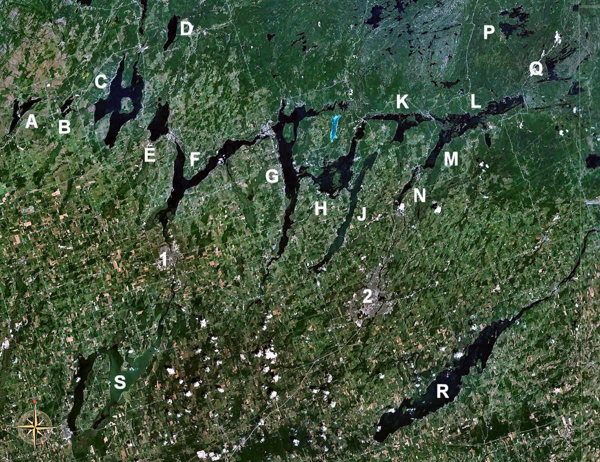 Kawartha Lakes, central Ontario, Canada. Legend: A - Canal Lake B - Mitchell Lake C - Balsam Lake D - Four Mile Lake* E - Cameron Lake F - S