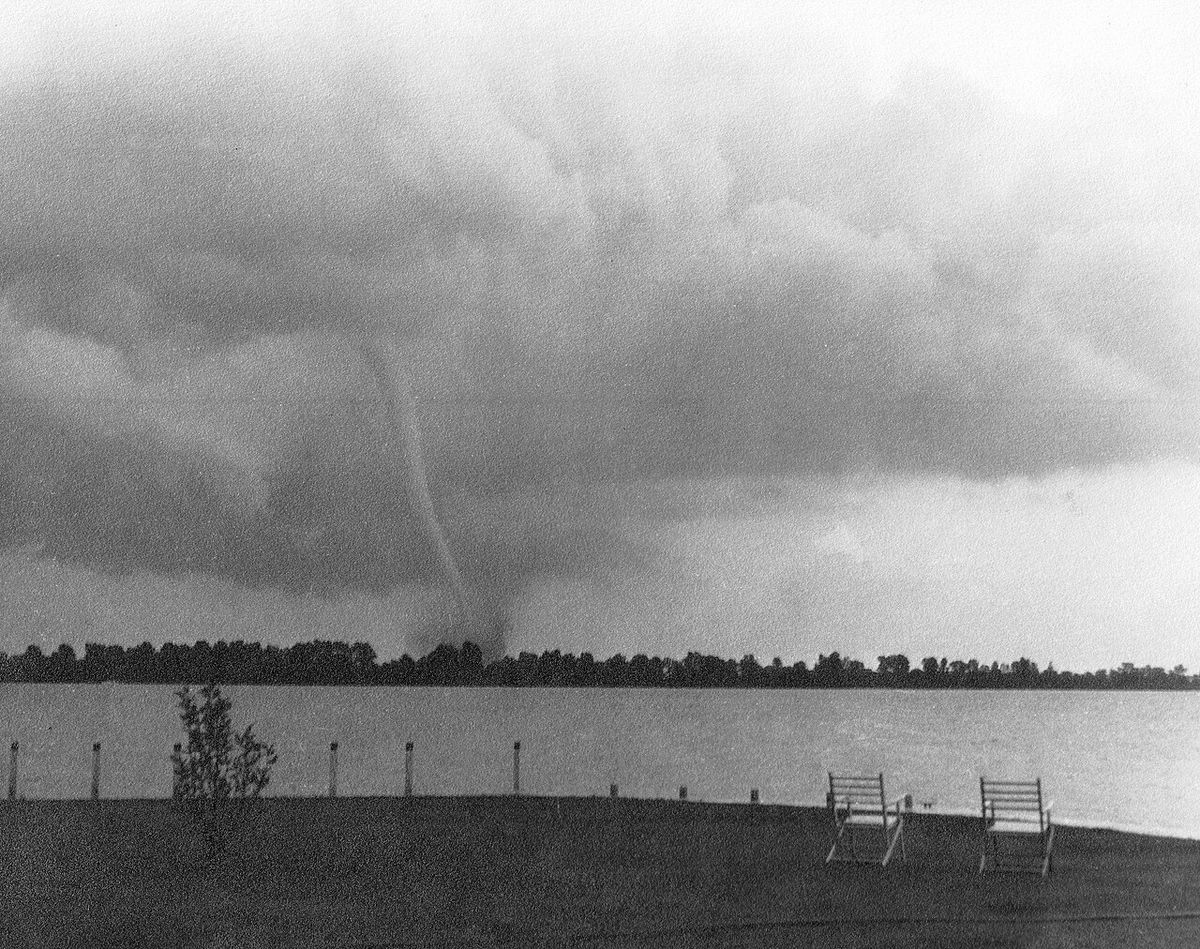 The Windsor–Tecumseh Tornado of 1946 photographed by Harry G. Garland from Garland's Seaplane Base looking out over the Detroit River toward