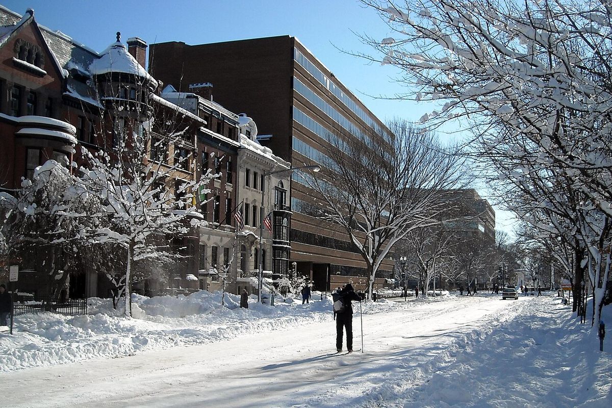 A cross-country skiier on New Hampshire Avenue, N.W., in the Dupont Circle neighborhood of Washington, D.C., following the North American bl