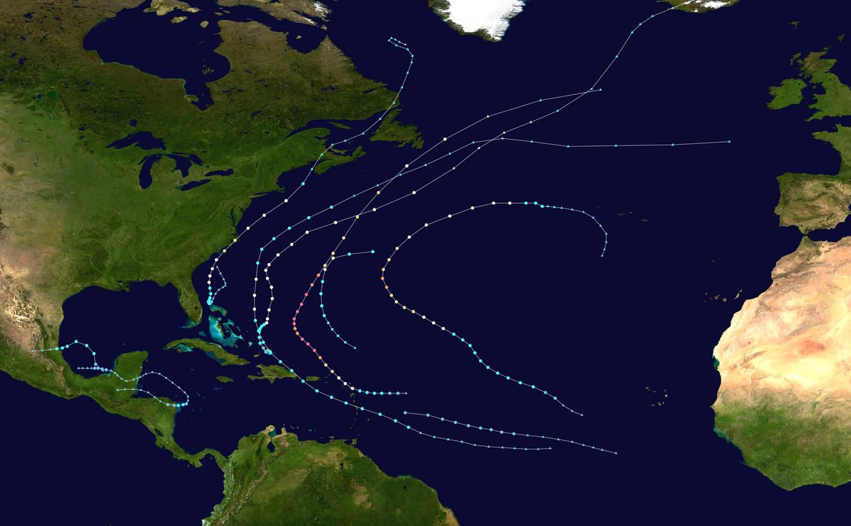 This map shows the tracks of all tropical cyclones in the 2014 Atlantic hurricane season. The points show the location of each storm at 6-ho