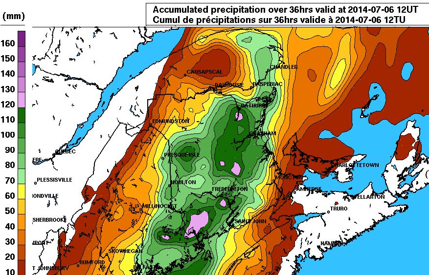 Total rain fall over Eastern Canada with the remnant of Hurricane Arthur (2014) using http://climate.weather.gc.ca/index_e.html