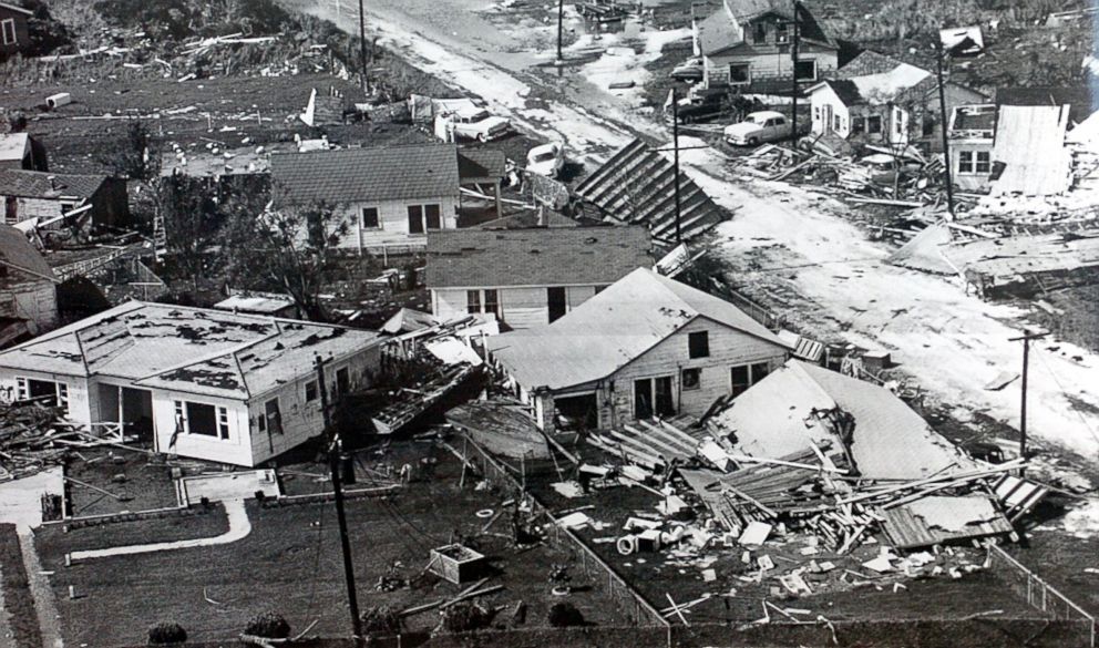 In this July 1, 1957 photo, homes in Cameron, La., lie in ruins after Hurricane Audrey, the first named storm to strike Southwest Louisiana