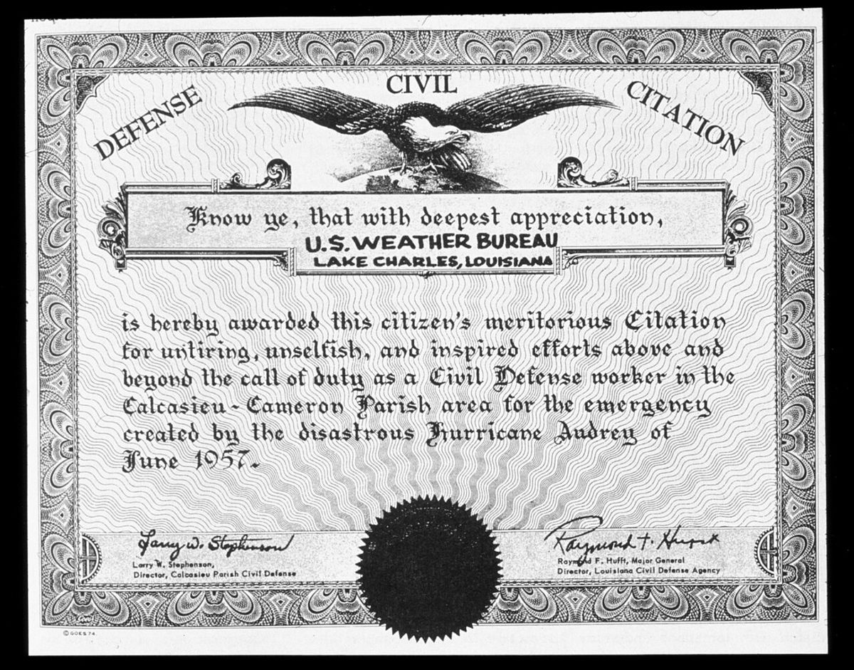 A meritorious citation awarded by the Louisiana Civil Defense to the US Weather Bureau office in Lake Charles, Louisiana in the aftermath of