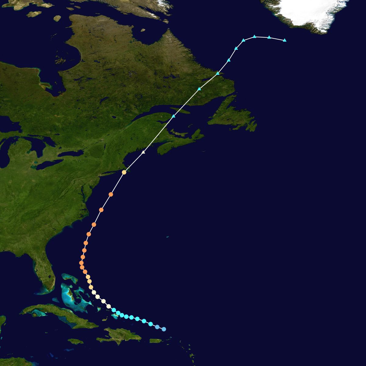 Track map of Hurricane Edna of the 1954 Atlantic hurricane season. The points show the location of the storm at 6-hour intervals. The colour