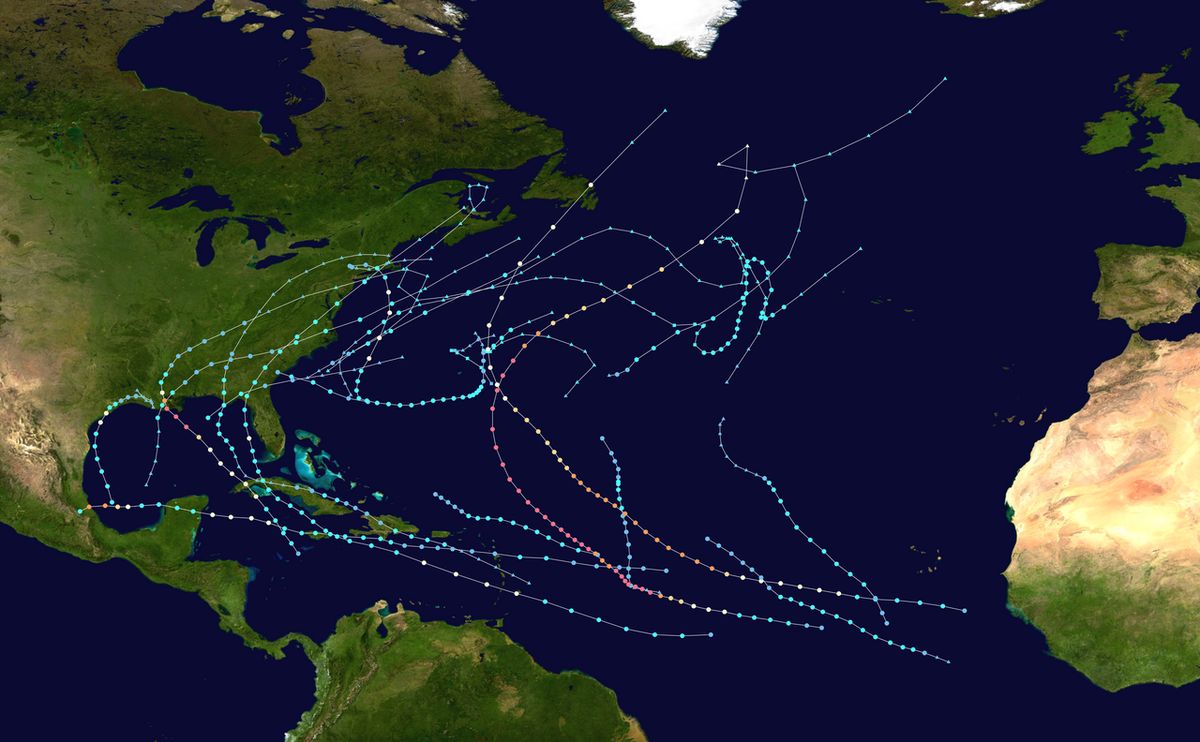This map shows the tracks of all tropical cyclones in the 2021 Atlantic hurricane season. The points show the location of each storm at 6-ho