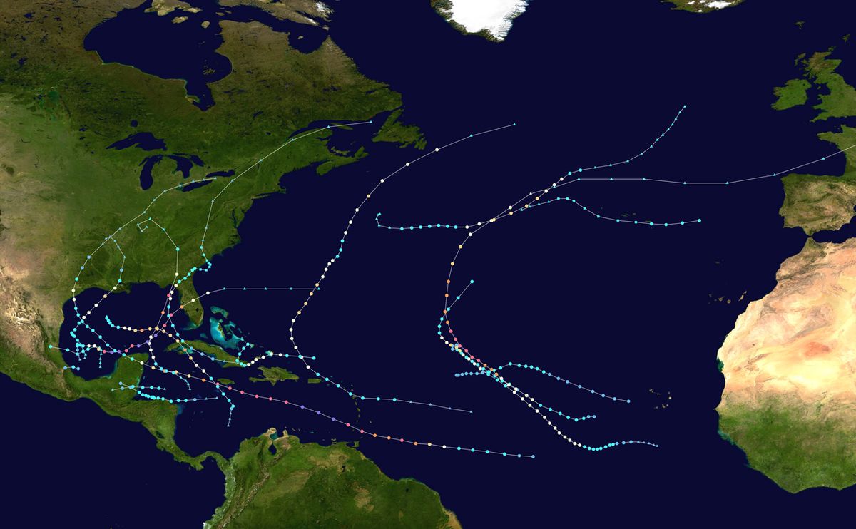 This map shows the tracks of all tropical cyclones in the 2024 Atlantic hurricane season. The points show the location of each storm at 6-ho