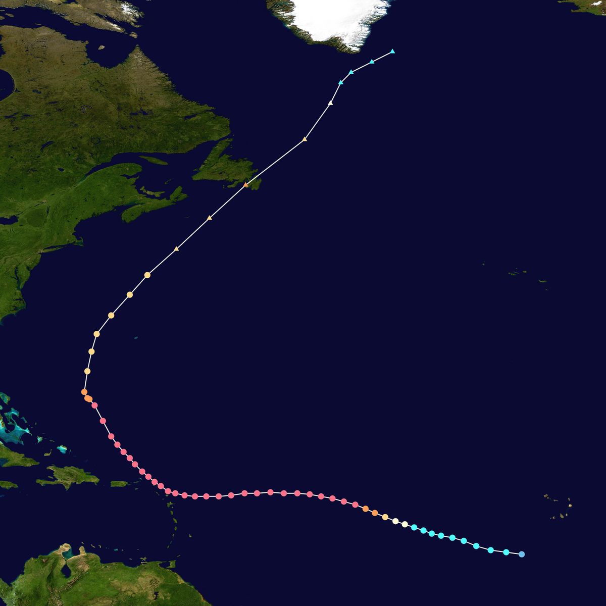 Track map of Hurricane Luis of the 1995 Atlantic hurricane season. The points show the location of the storm at 6-hour intervals. The colour