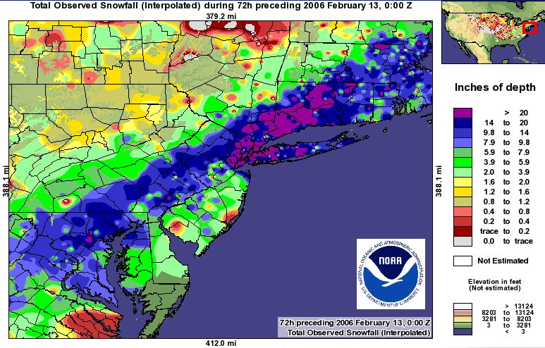North American blizzard of 2006, snowfall accumulation map. Courtesy of the National Weather Service, http://www.nohrsc.nws.gov/