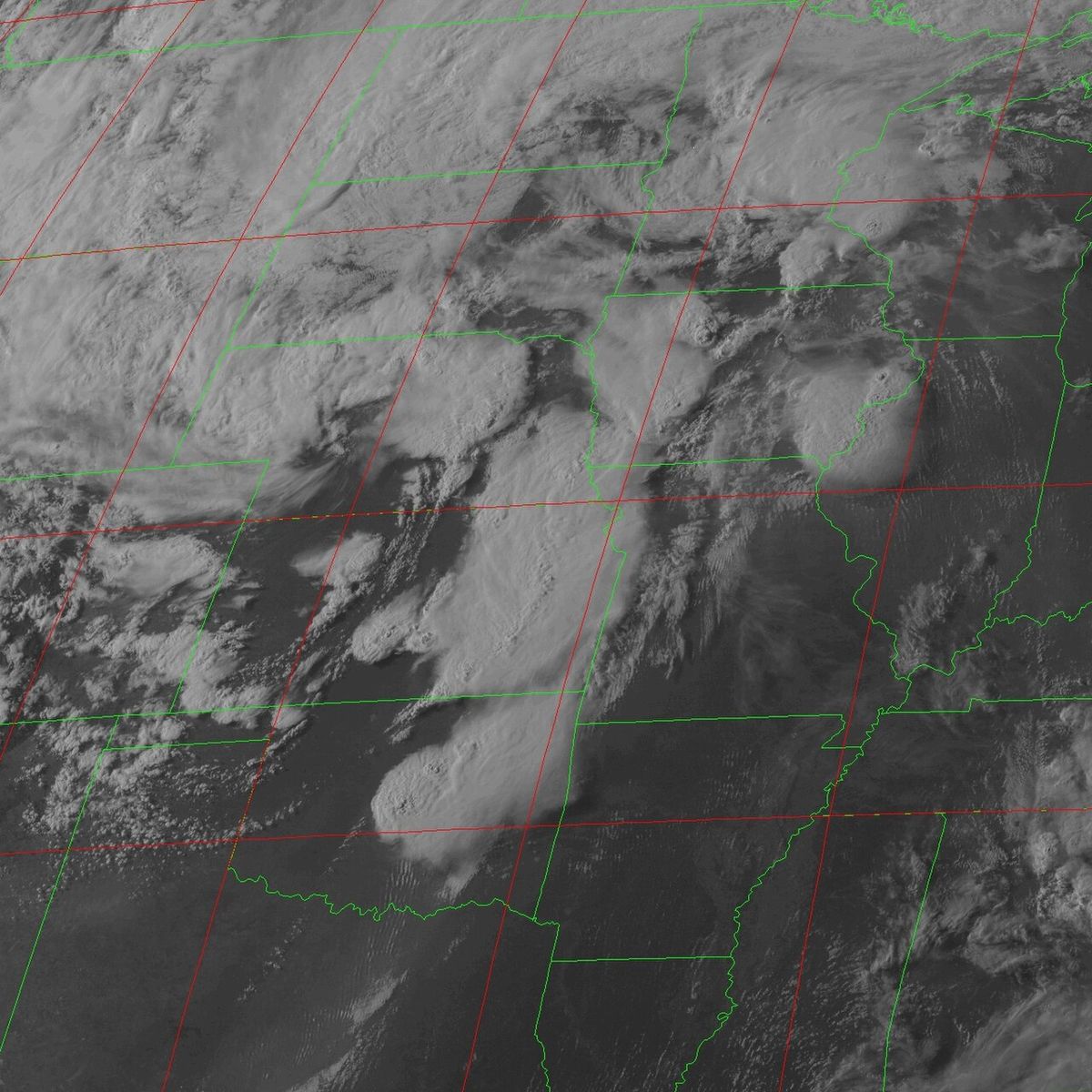 GOES 13 Band 1 (visible) satellite image from May 19, 2013, taken at 23:10:18 UTC, showing severe thunderstorms over the Midwestern and Sout