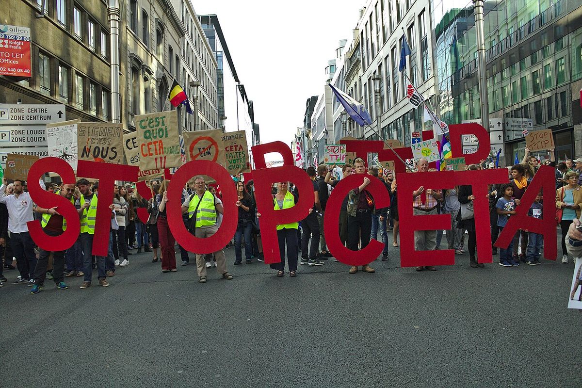 Protest in Brussels agains the TTIP and CETA free trade agreements.